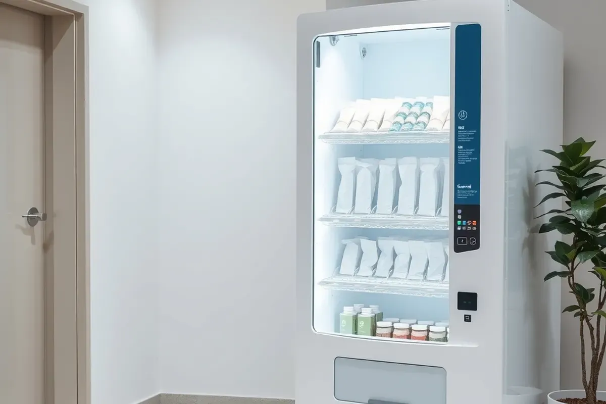 Personal hygiene vending machine with a glass front in a bright Indian office corridor near restroom doors