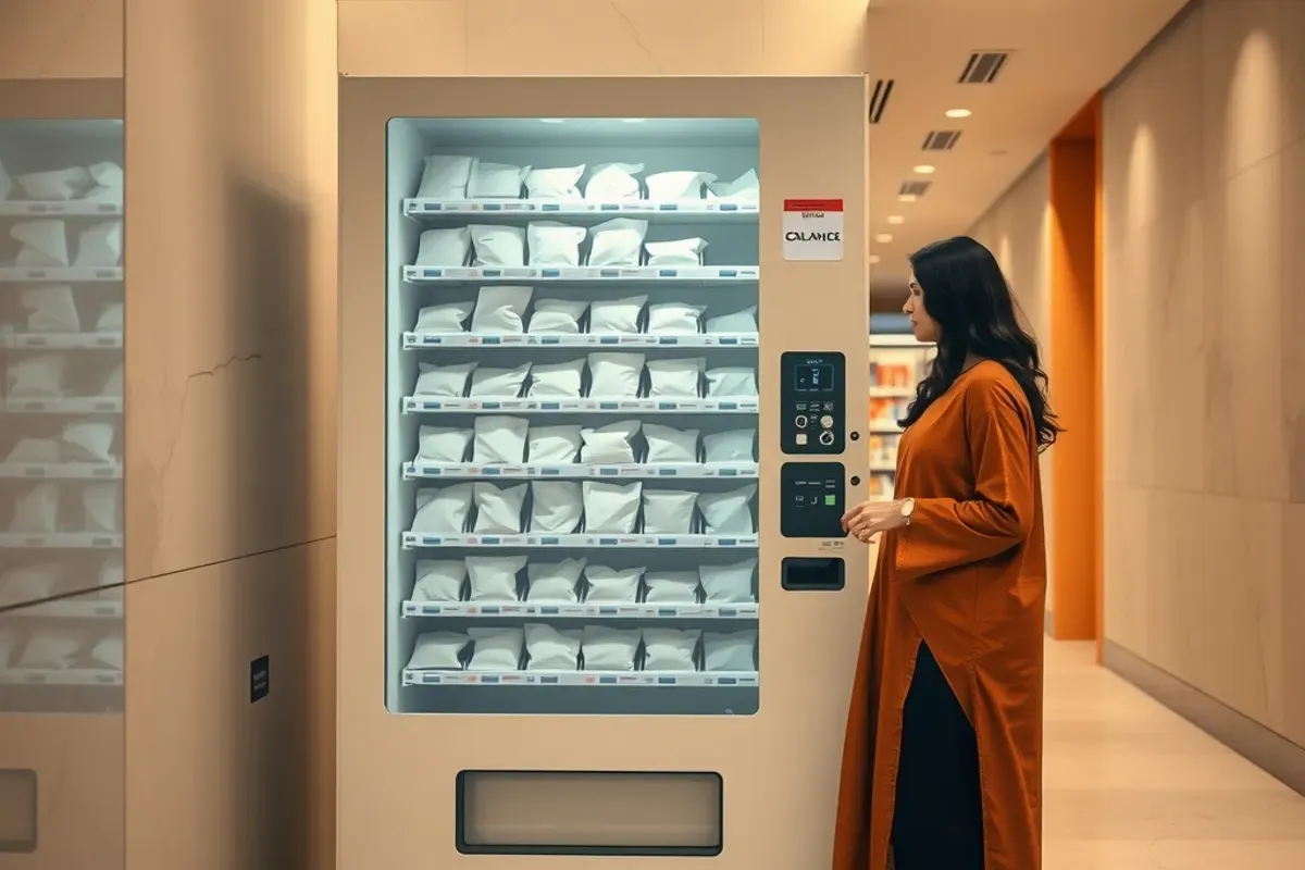 Indian woman looking at plain packs on the shelves of a modern hygiene vending machine in a mall corridor