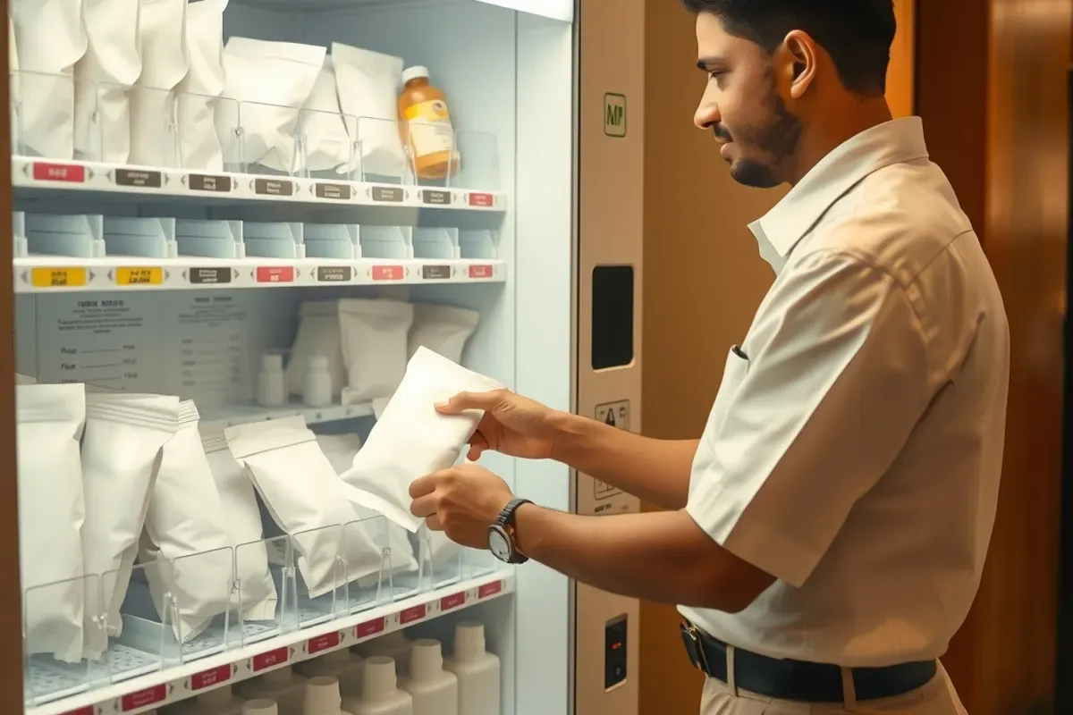 Indian hotel staff member restocking a hygiene vending machine with plain sealed packs in a hotel lobby