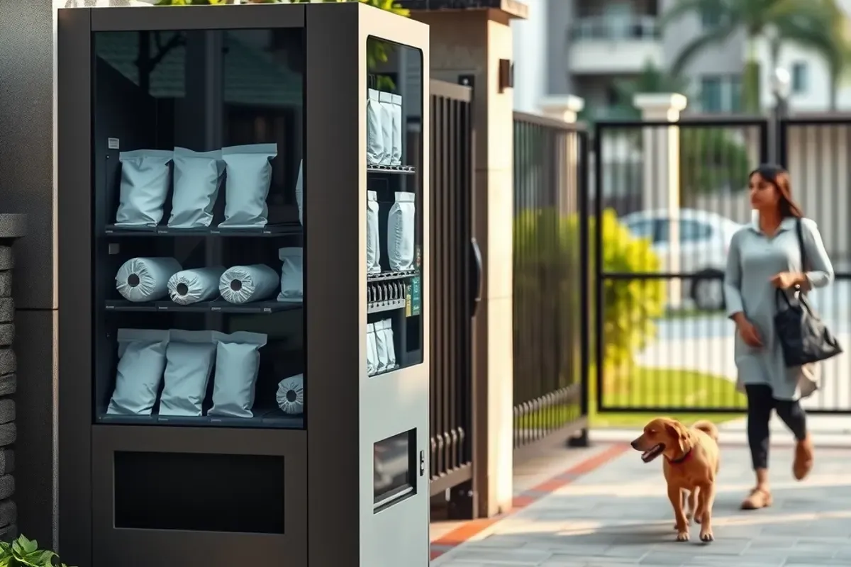 Pet essentials vending machine beside a housing society dog park gate in India with a dog walking nearby