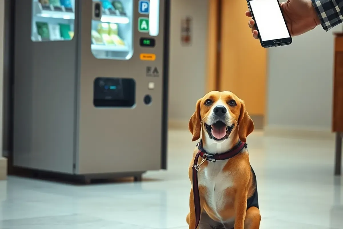 Pet owner paying by smartphone at a pet supplies vending machine in an Indian apartment lobby with a beagle