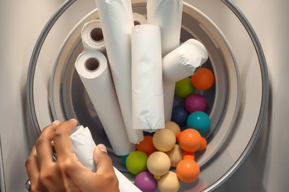 Hands loading waste bag rolls and dog toys into the spirals of a pet care vending machine