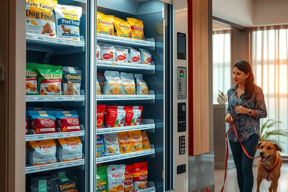 Modern pet food vending machine in an Indian housing society lobby stocked with sealed dog food and cat food packs