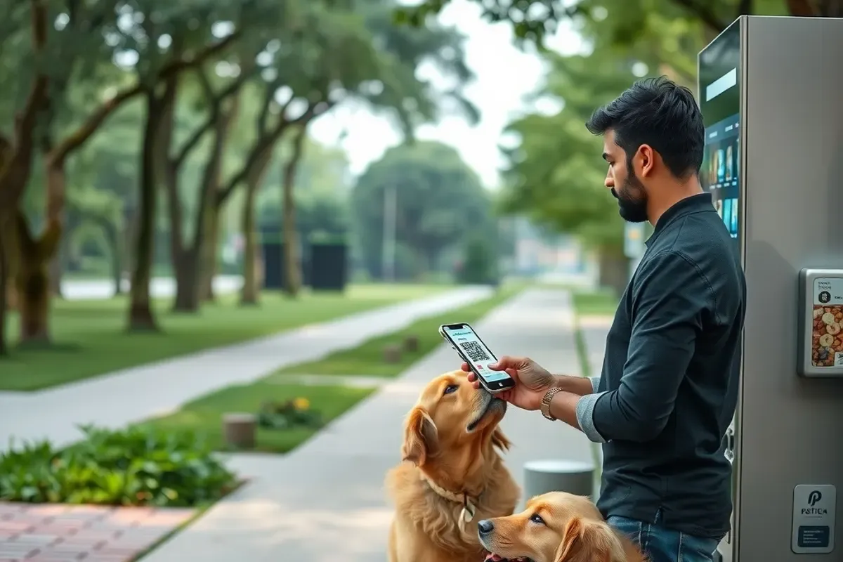 Indian pet owner paying by UPI QR code at a pet food vending machine beside a city park walking path