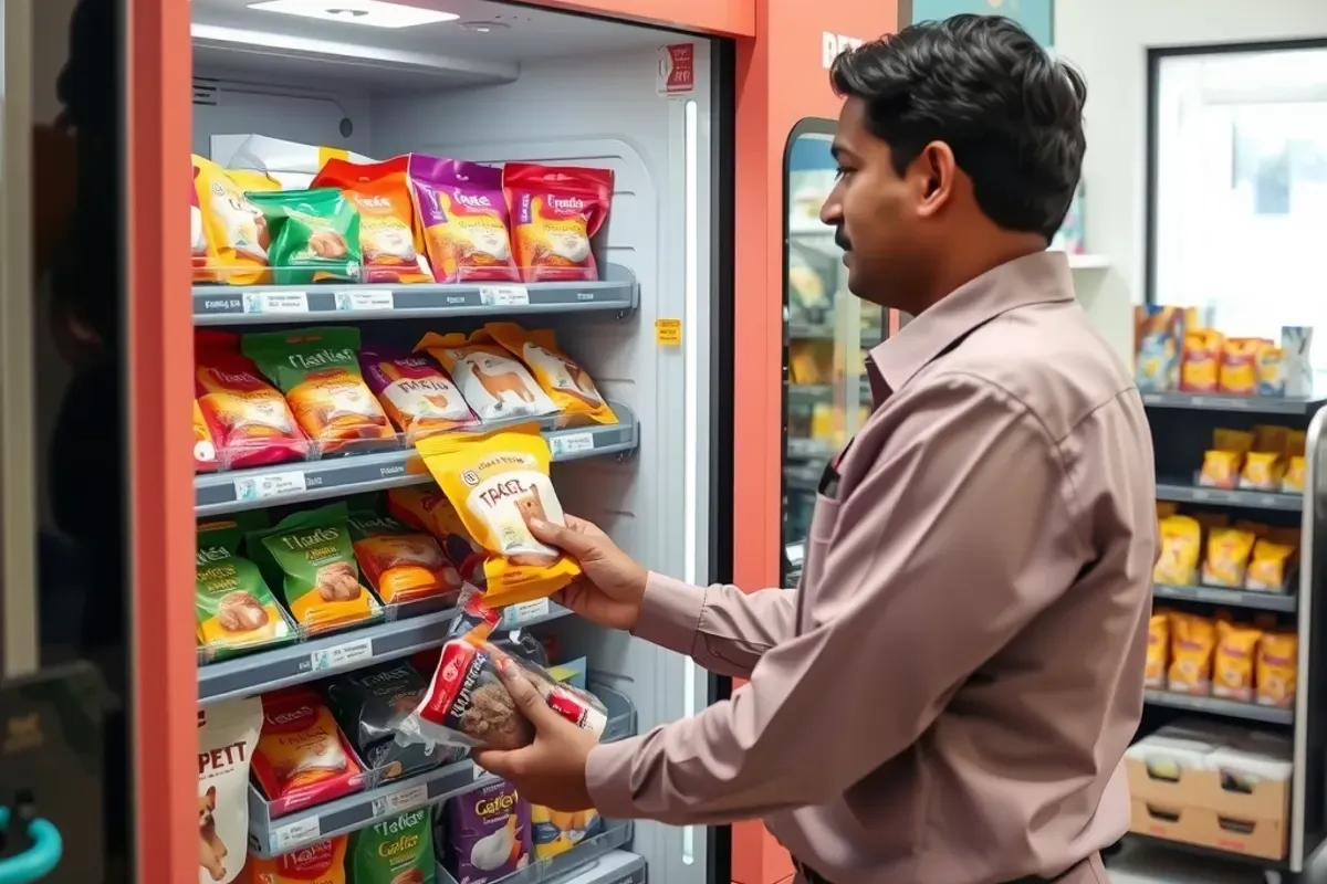 Technician restocking dog food packs and pet treats into an open pet food vending machine inside an Indian pet store