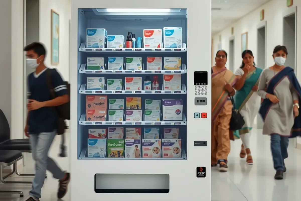 Pharmacy essentials vending machine in a hospital corridor stocked with sealed bandages, masks and sanitiser