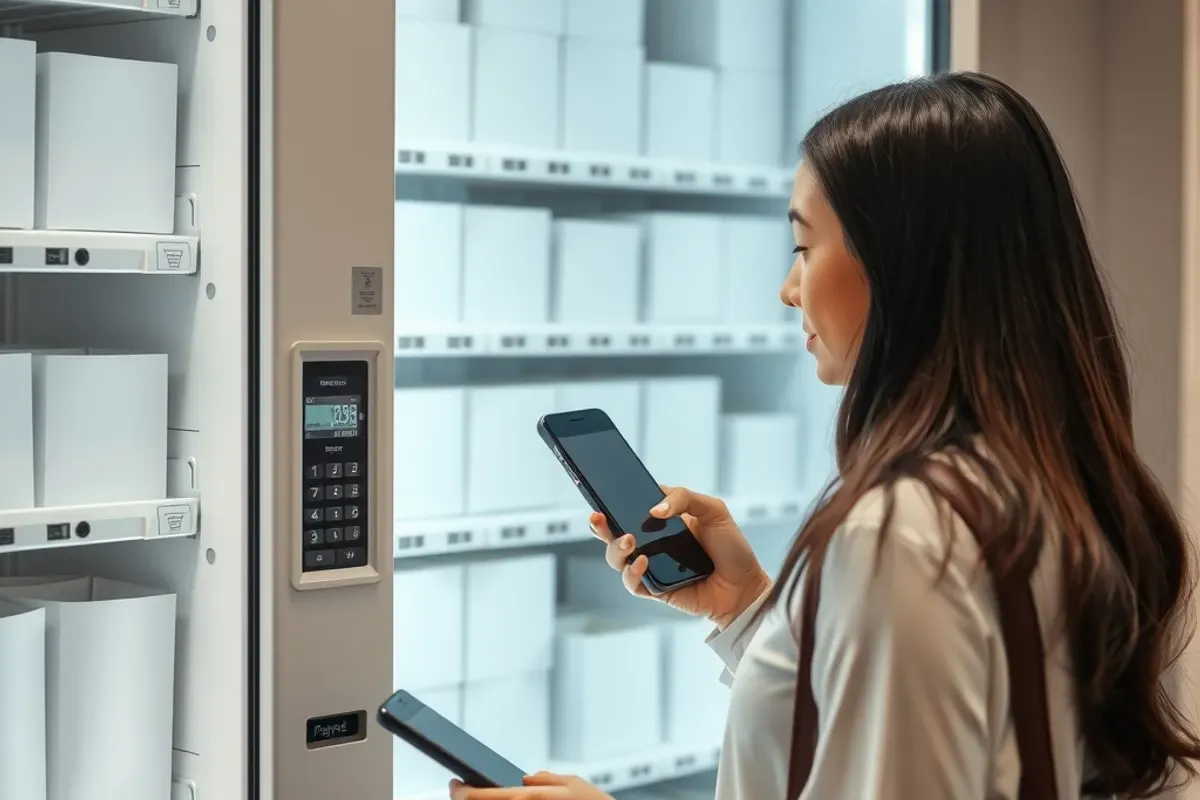 Indian office worker paying by UPI QR code at a pharmacy essentials vending machine near a reception area