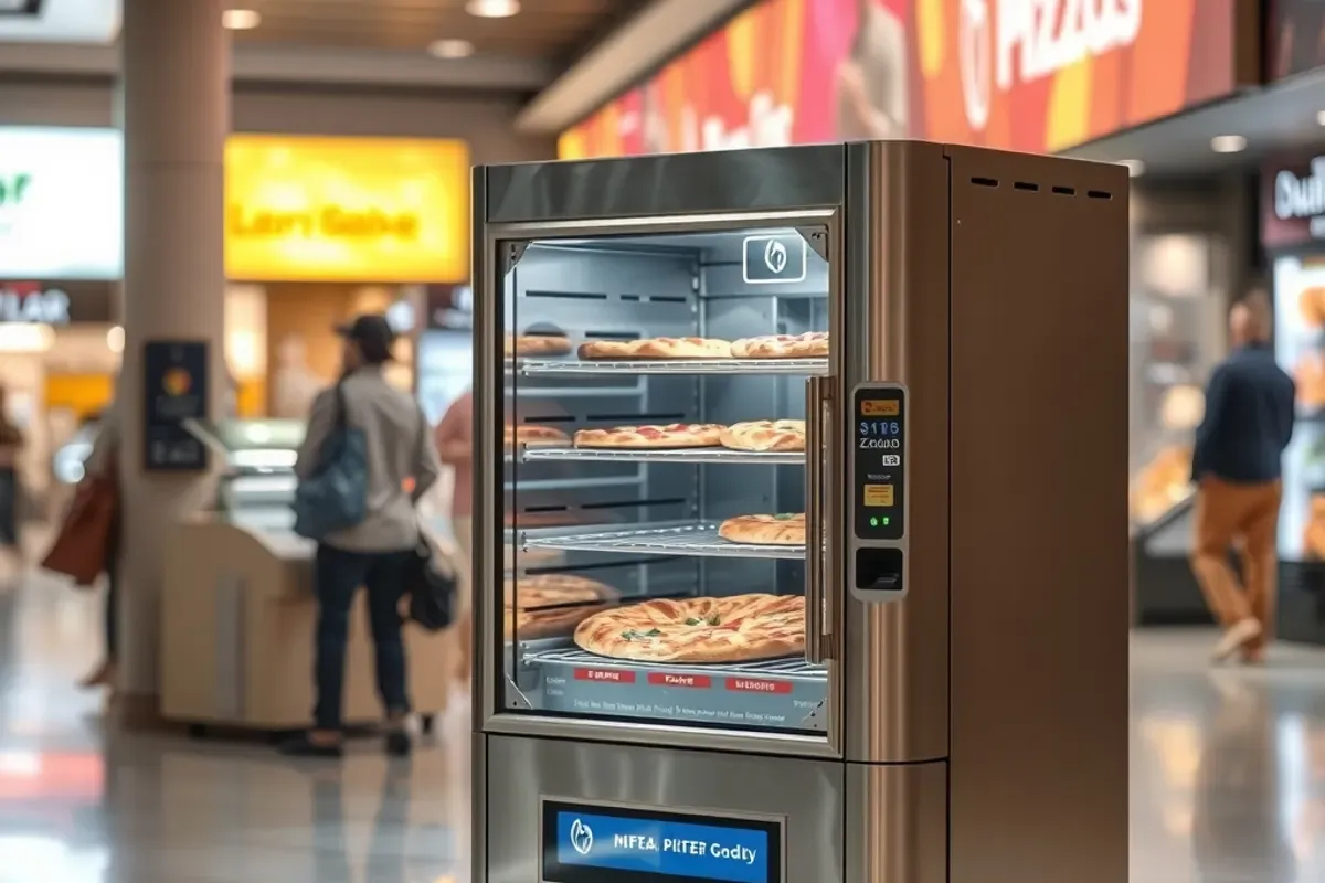 Modern pizza vending machine with a glass front and pickup door in an Indian shopping mall food court