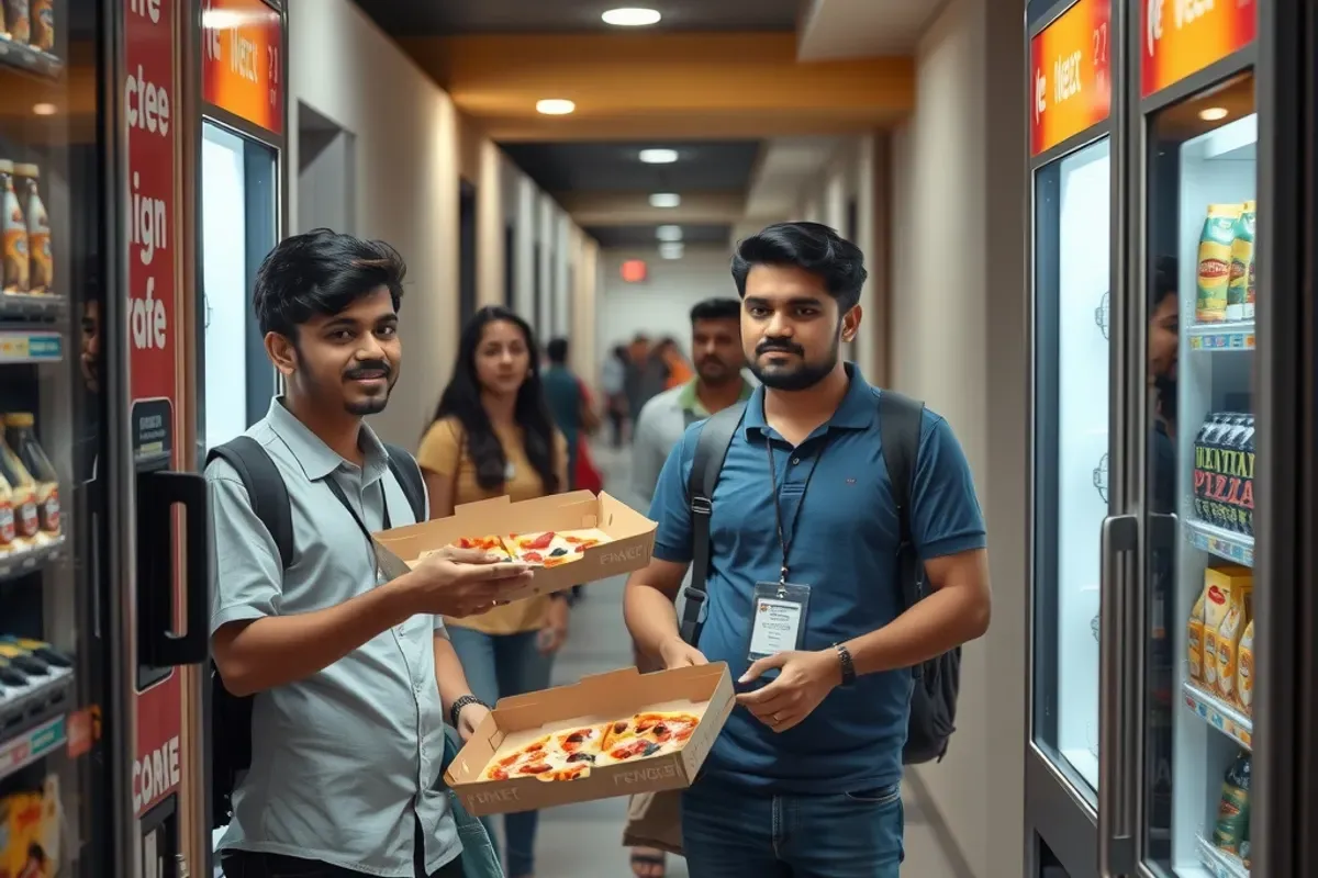 Students collecting a boxed pizza from a pizza vending machine near a campus hostel entrance in the evening