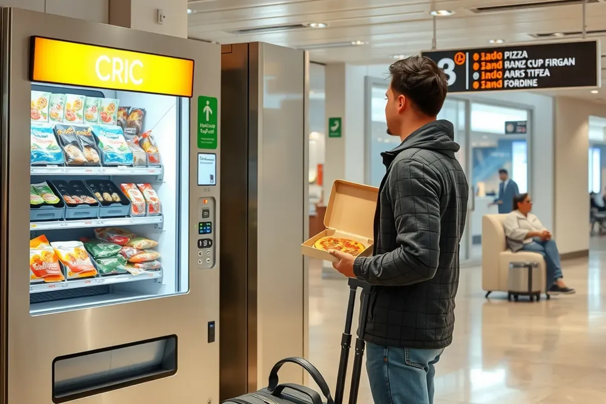 Technician restocking pizza bases and cheese into an open pizza vending machine in a food court back area
