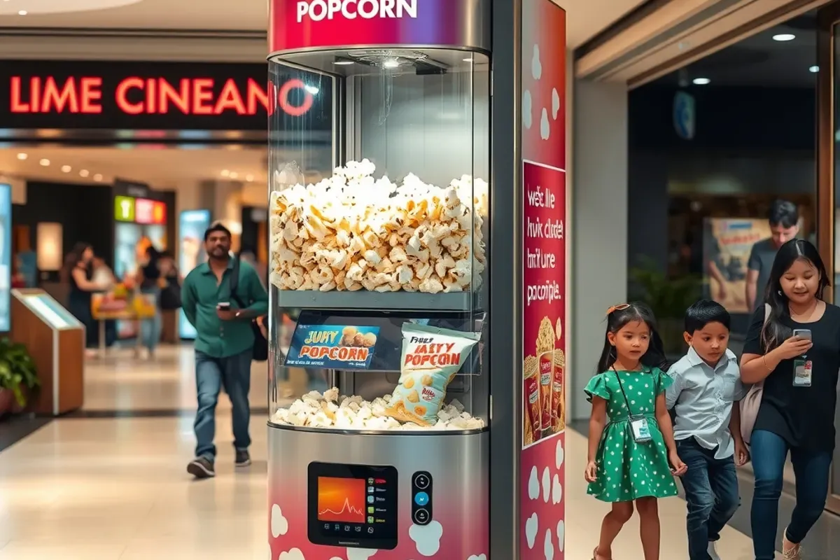 Popcorn vending machine with a clear glass front filled with fresh popcorn in an Indian mall walkway with shoppers and children passing by