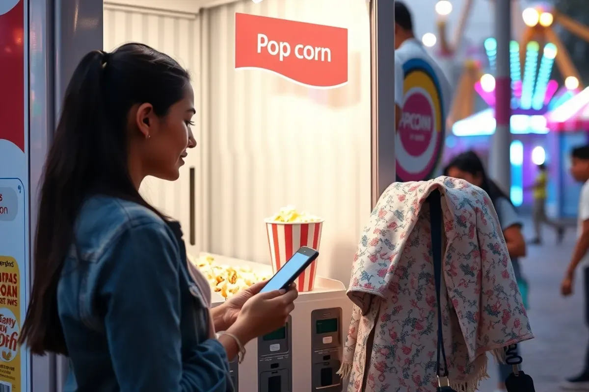 Customer paying by UPI QR code on a phone at an automatic popcorn machine near an Indian fair ground with colourful lights