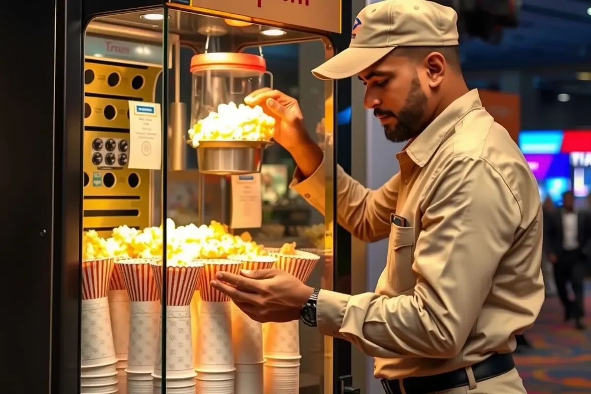 Technician refilling cups and kernels in an open popcorn vending machine inside a busy cinema lobby