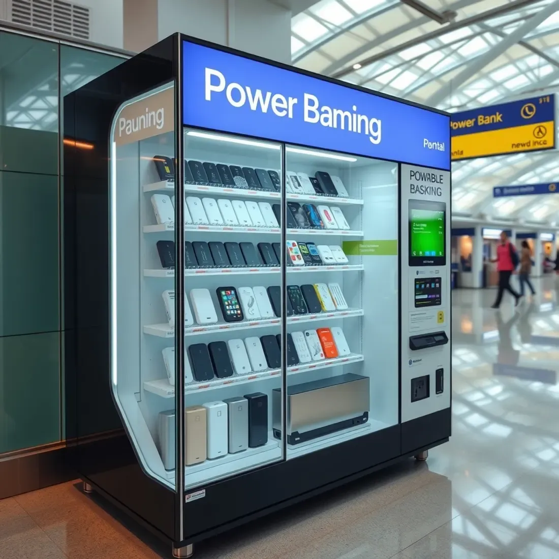 Modern power bank vending machine with a glass front showing rows of portable chargers inside an Indian airport terminal