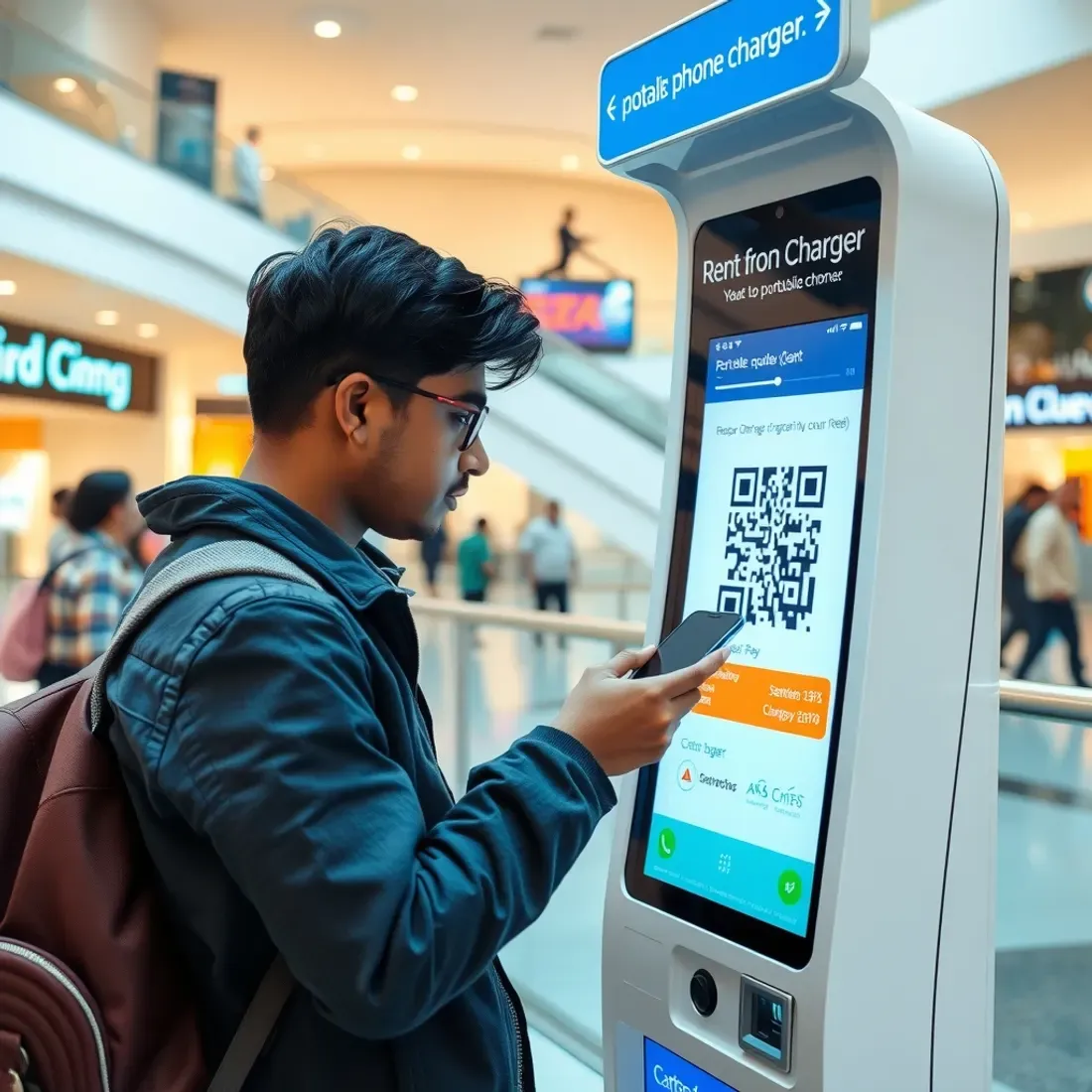 Young traveller scanning a QR code on a touchscreen kiosk to rent a portable phone charger in a busy Indian shopping mall