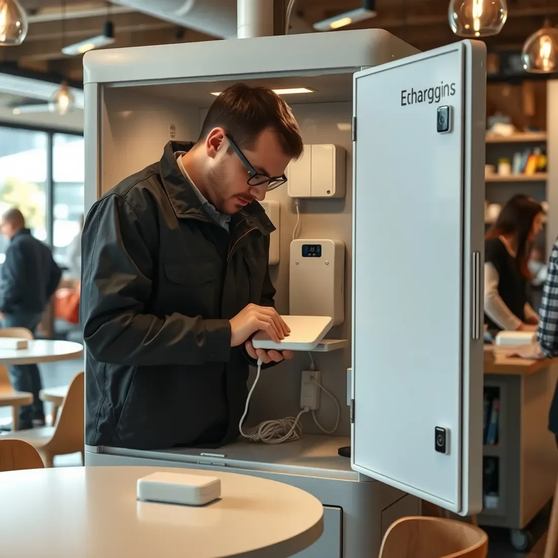 Technician checking and refilling unbranded power banks inside an open charging kiosk cabinet in a busy Indian cafe
