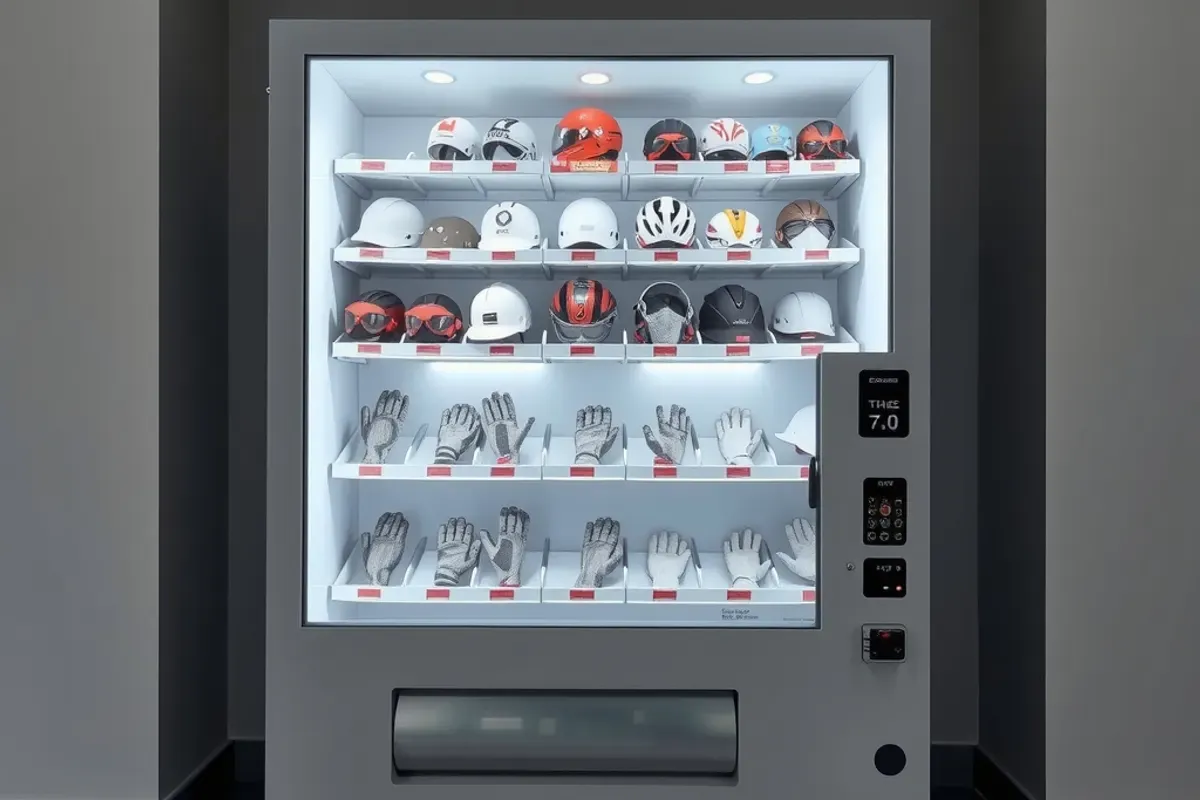 PPE and safety vending machine at a factory entrance stocked with safety helmets, gloves and face masks