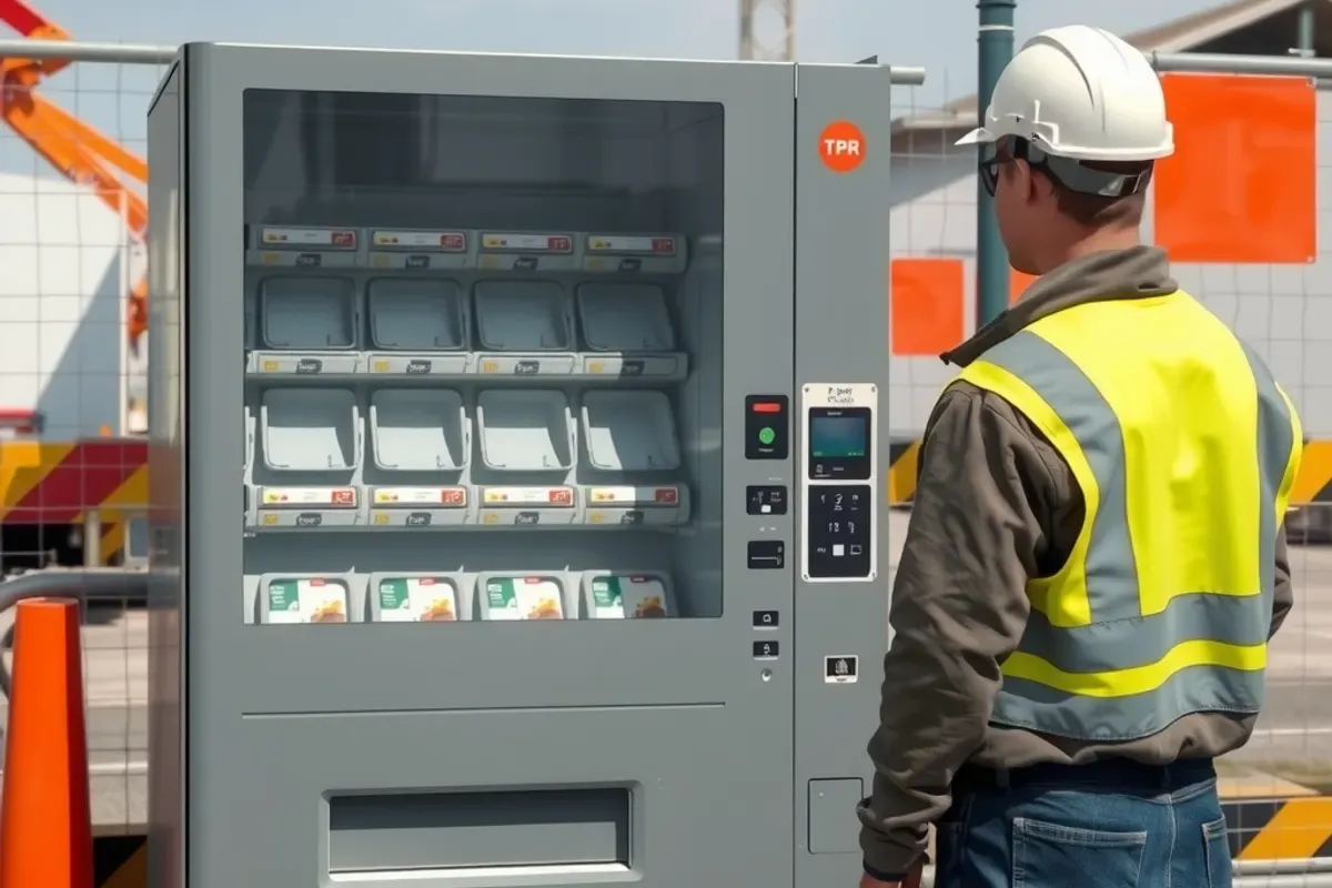 Worker in a hard hat using a touchscreen PPE and safety vending machine at a construction site gate