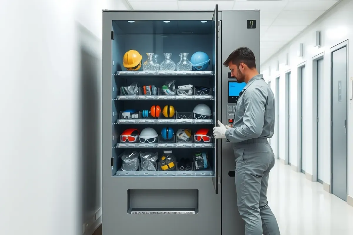 Technician restocking safety goggles, earplugs and gloves inside an open PPE vending machine in a laboratory corridor