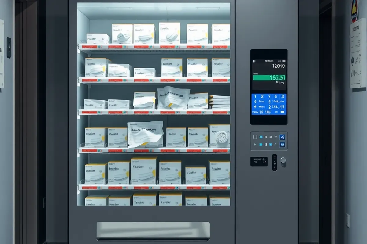 PPE consumables vending machine stocked with gloves, masks, earplugs and safety glasses at an Indian factory entrance