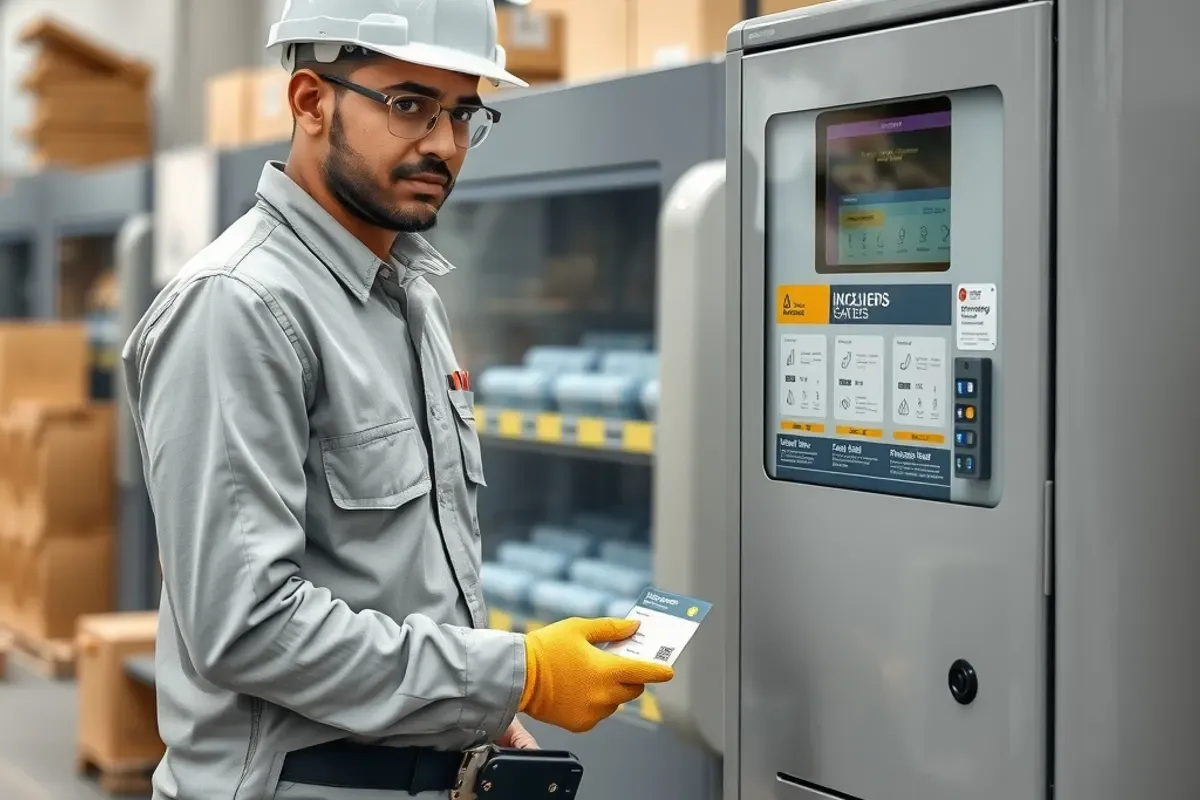 Indian factory worker using an ID card at a PPE dispensing machine on a workshop floor to collect safety consumables