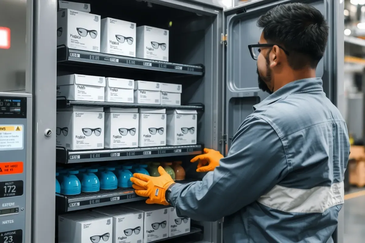 Supervisor refilling an open glove vending machine with boxes of earplugs and safety glasses in an Indian industrial plant