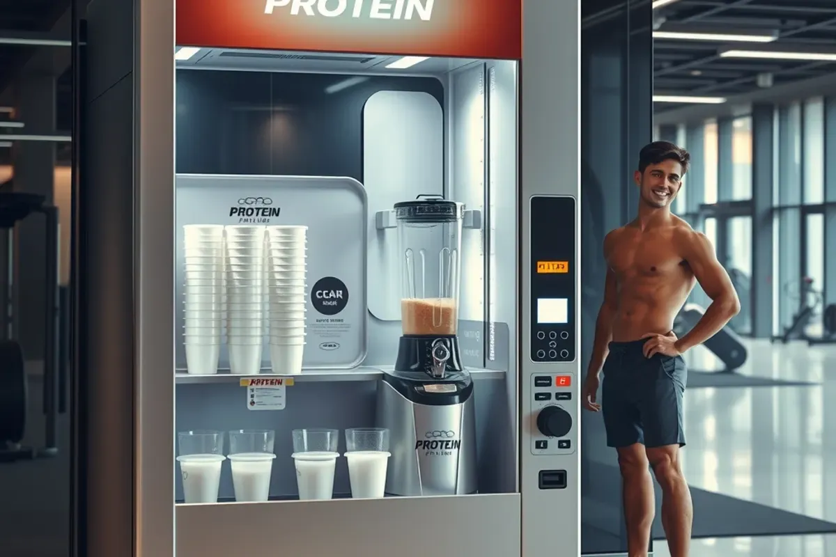 Protein shake machine standing in an Indian gym lobby with a glass front, a blending station and clear cups