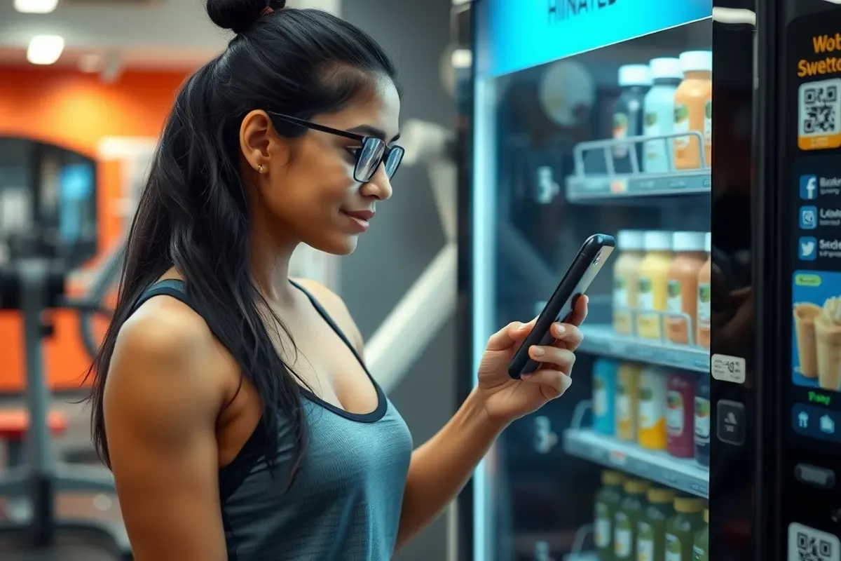 Young Indian woman in sportswear paying by UPI QR code at a protein shake machine inside a fitness club