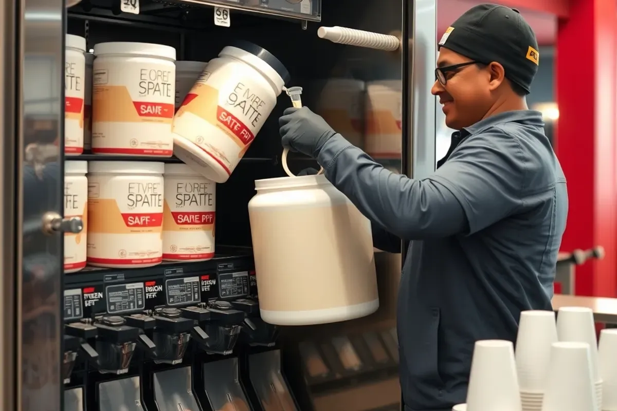 Technician refilling powder canisters and cups inside an open protein shake machine at an Indian sports centre