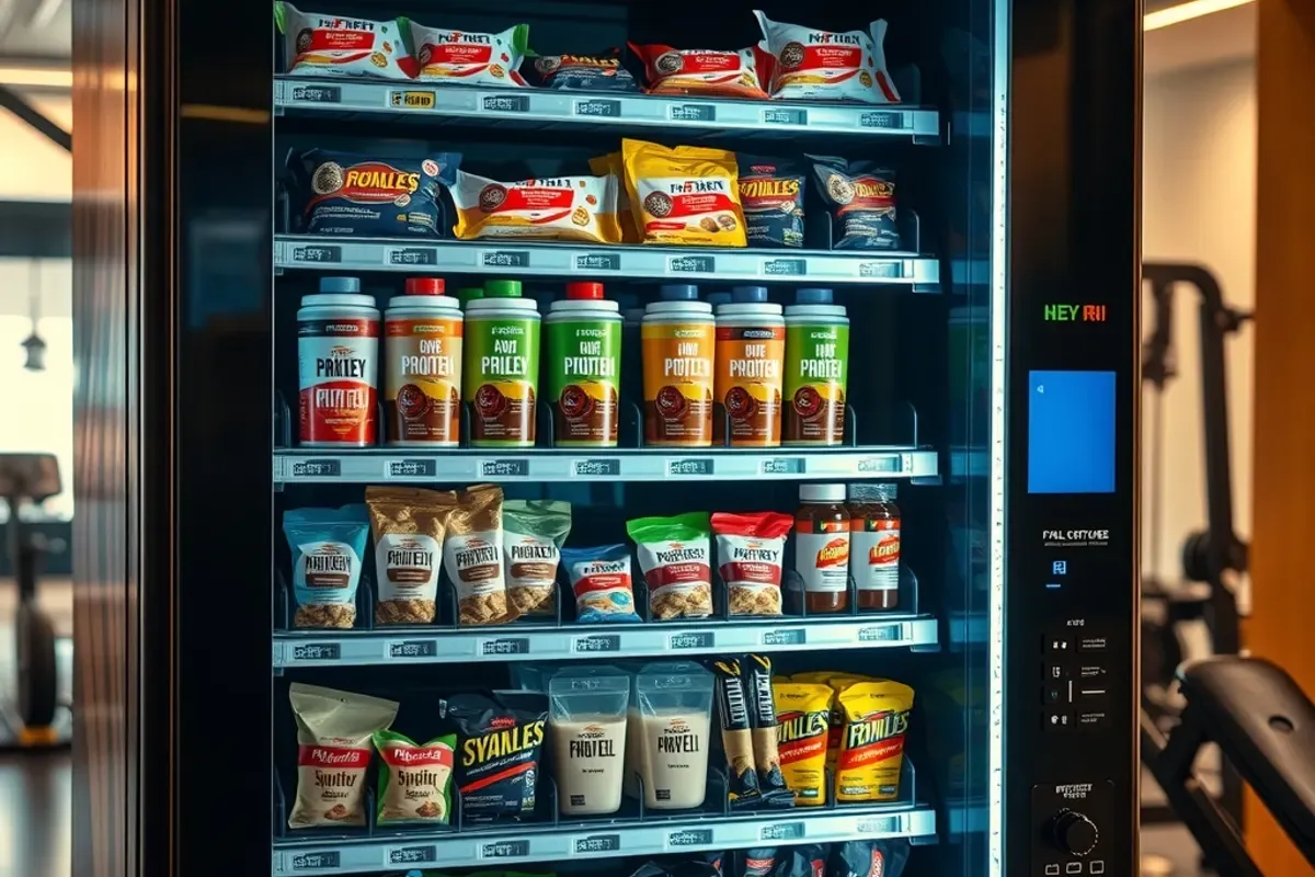 Modern protein vending machine in an Indian gym lobby stocked with sealed protein bars, shakes and nut packs