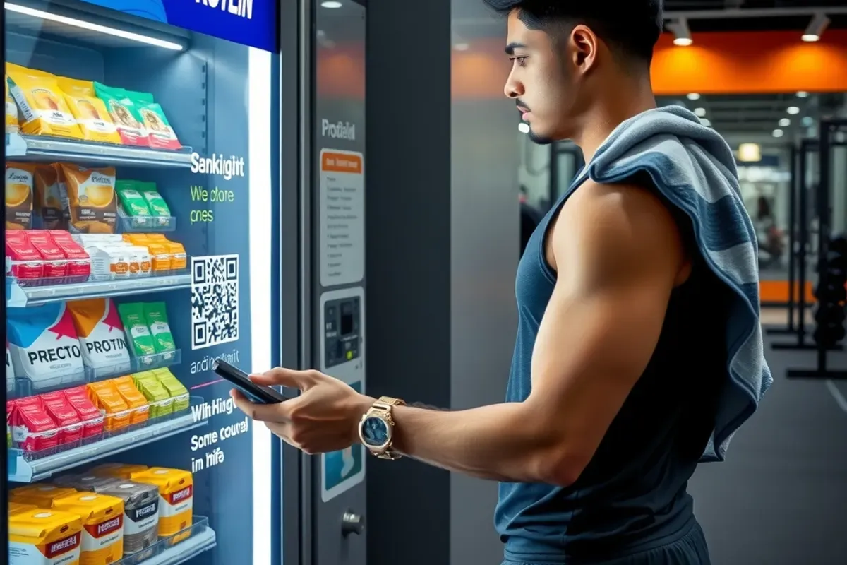 Indian gym member paying by UPI QR code at a protein vending machine beside the workout floor