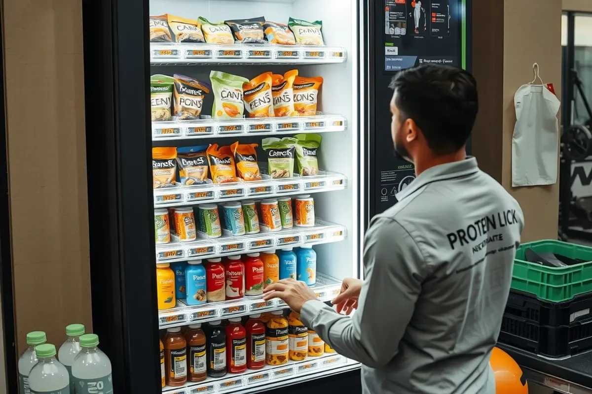 Technician restocking protein bars, nut packs and electrolyte bottles into an open protein vending machine inside an Indian gym