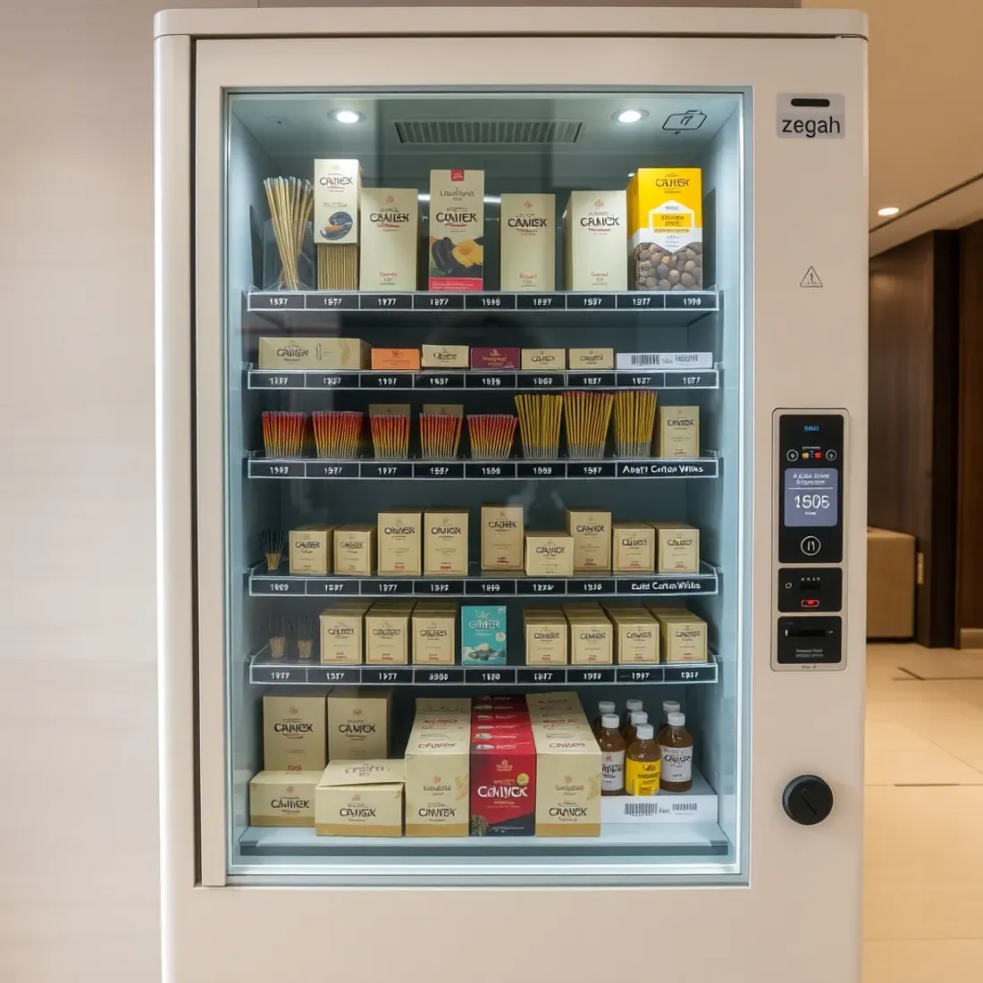 Puja essentials vending machine in an Indian housing society lobby stocked with sealed incense sticks, camphor and cotton wicks