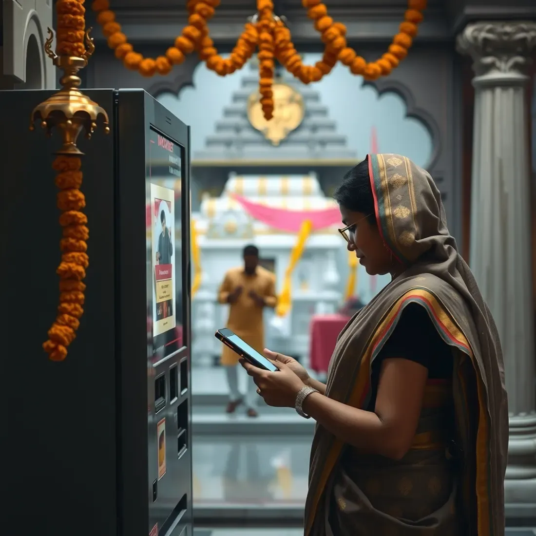 Indian devotee paying by UPI QR code at a puja essentials vending machine near a temple entrance with marigold garlands