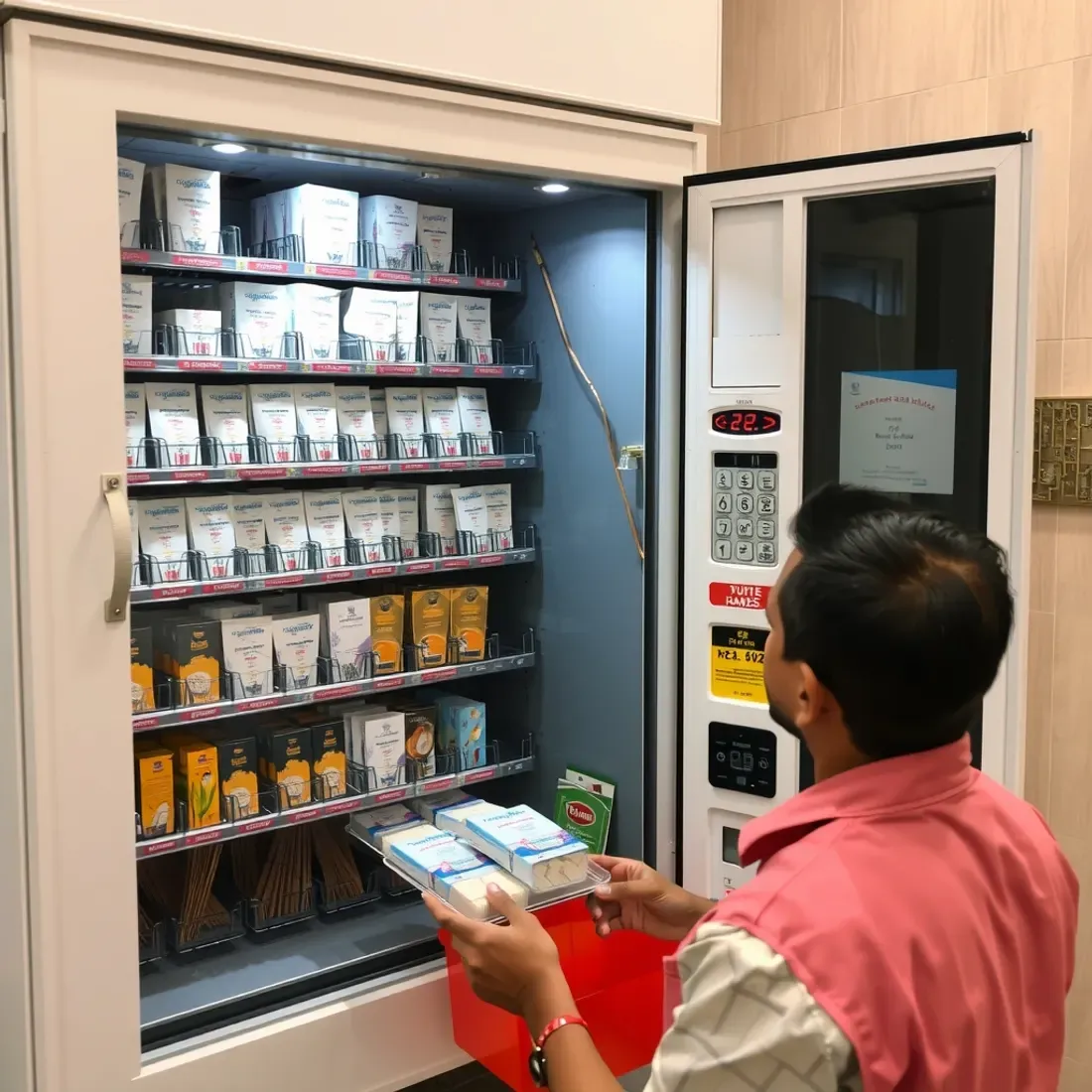 Technician restocking incense sticks, matchboxes and camphor packs into an open puja essentials vending machine in an Indian apartment lobby