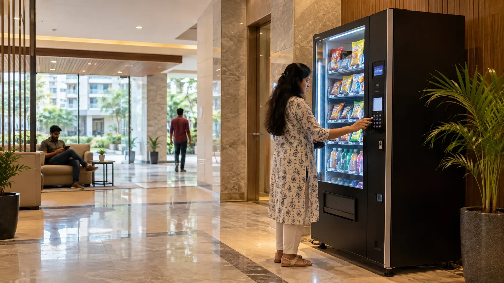 A resident selects snacks and drinks from a smart vending machine in a bright apartment lobby.