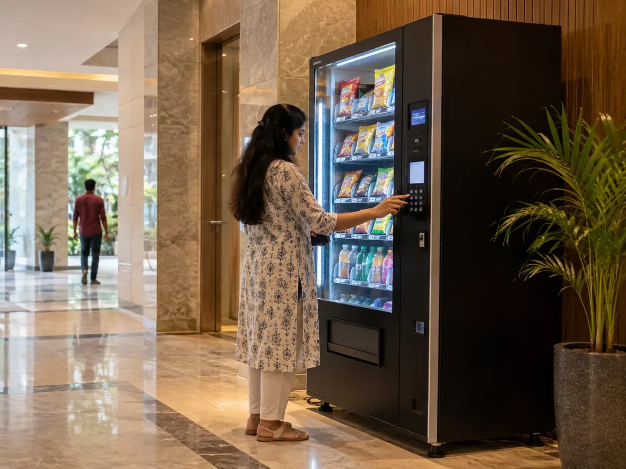 A resident selects snacks and drinks from a smart vending machine in a bright apartment lobby.