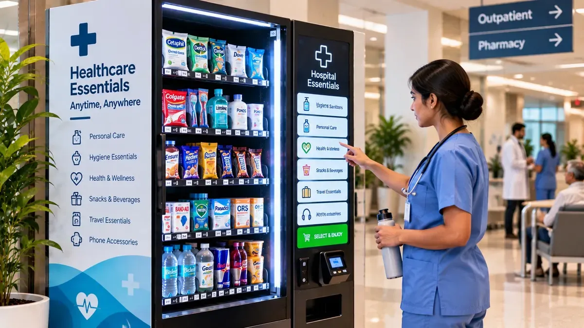 Staff member refilling fresh salad cups into an open salad vending machine inside a hospital