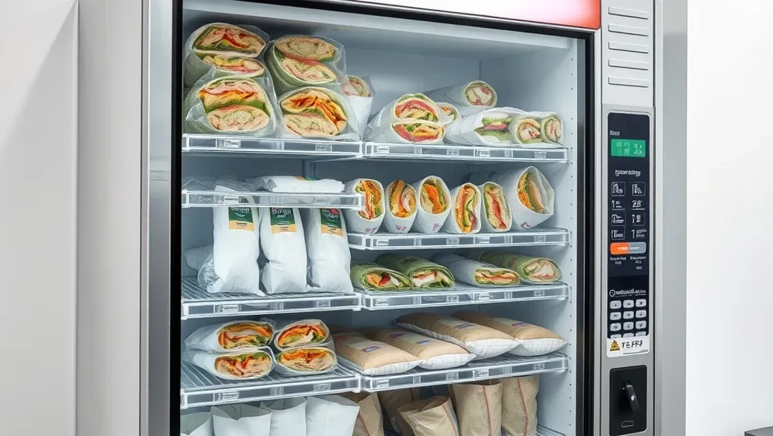 Refrigerated sandwich vending machine with shelves of sealed sandwiches and wraps