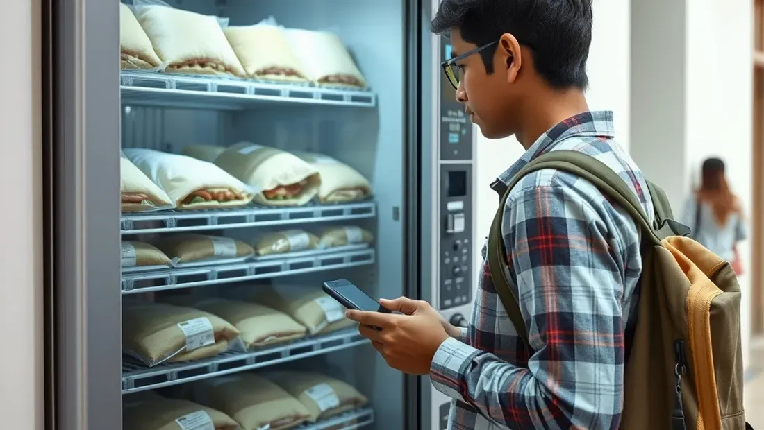 Student paying with a phone at a sandwich vending machine in a corridor