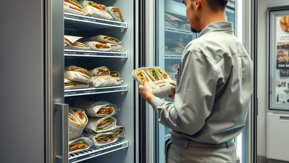 Worker restocking fresh sandwiches and wraps into an open refrigerated sandwich vending machine