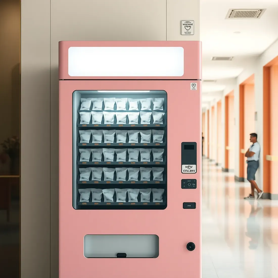 Sanitary pad vending machine with sealed unbranded packs stocked on shelves in an Indian college campus corridor
