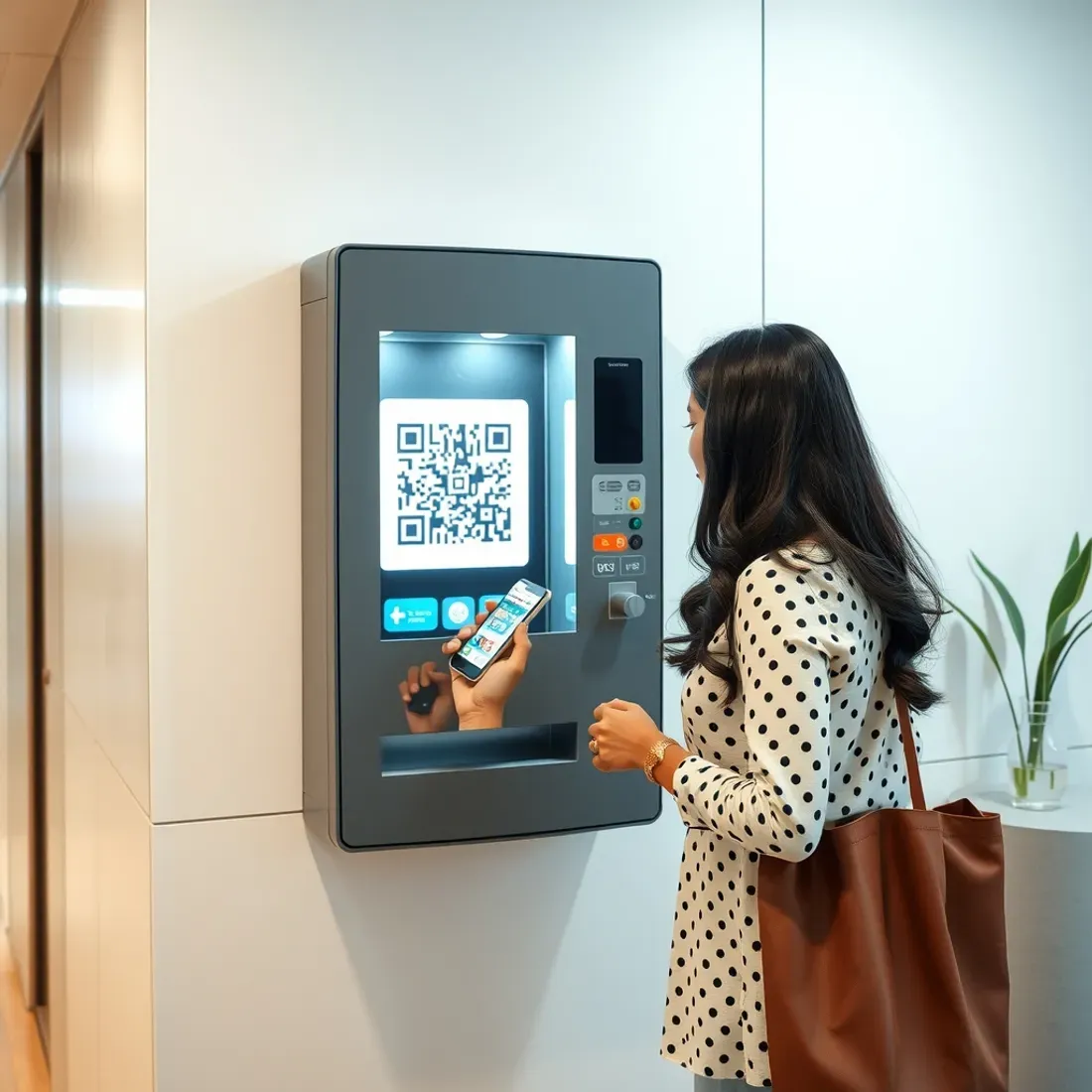 Indian woman paying by UPI QR code at a compact sanitary napkin vending machine in a clean office lobby