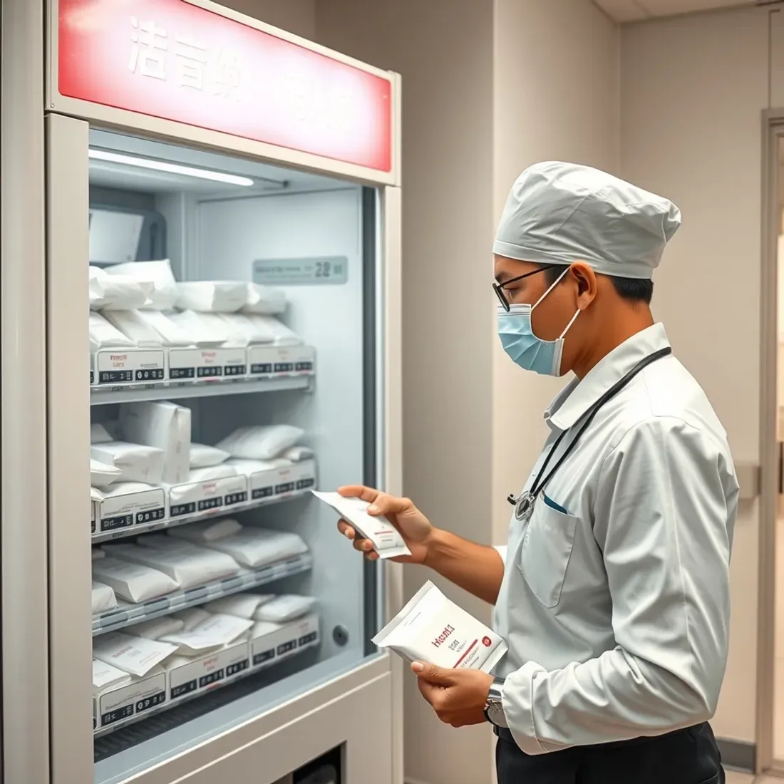 Technician restocking sealed hygiene packs into an open sanitary pad vending machine in an Indian hospital waiting area