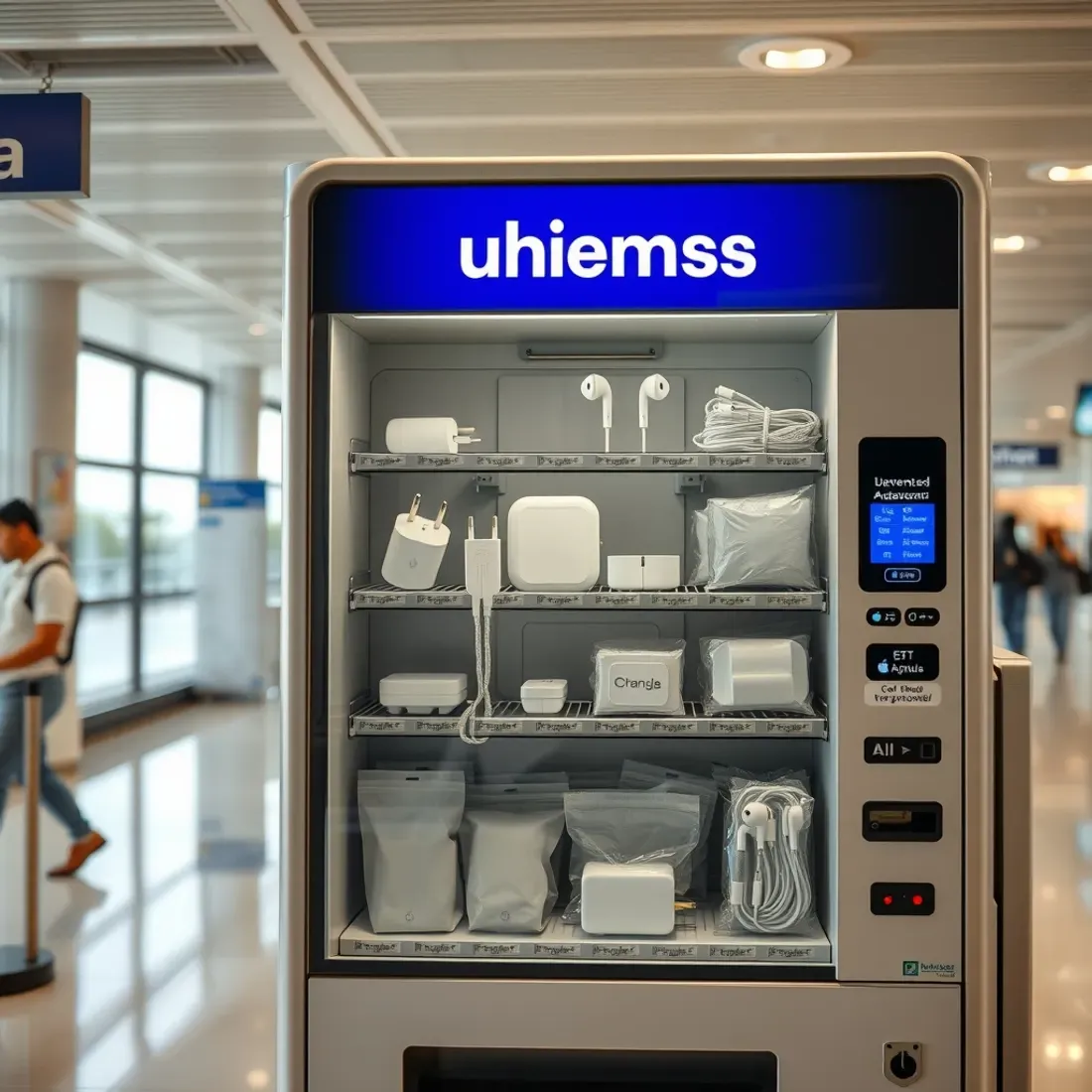 Travel connectivity vending machine in an Indian airport terminal stocked with charging cables, plug adapters and earphones