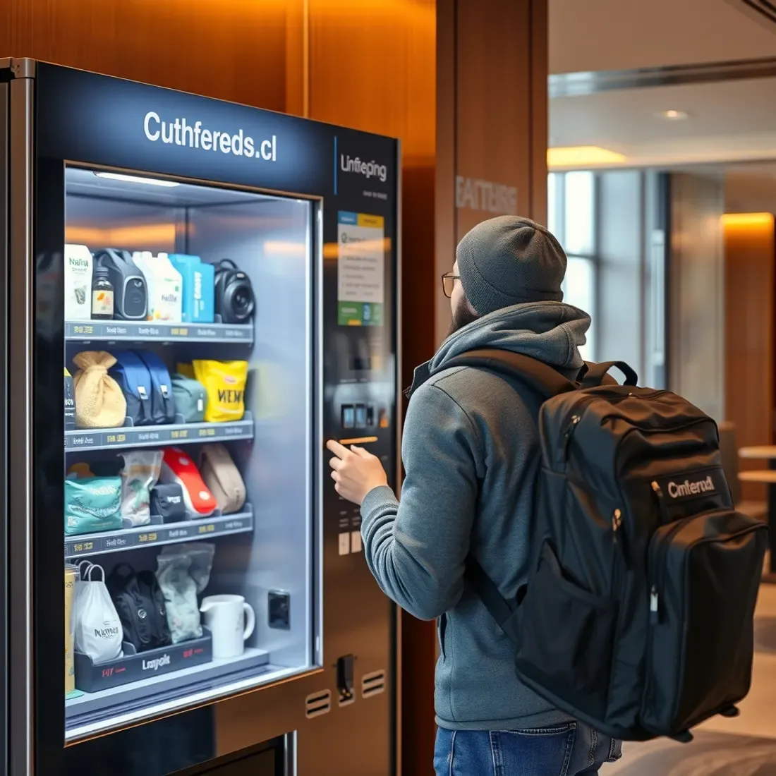 Traveller with a backpack paying by UPI QR code at a travel connectivity vending machine in a hotel lobby