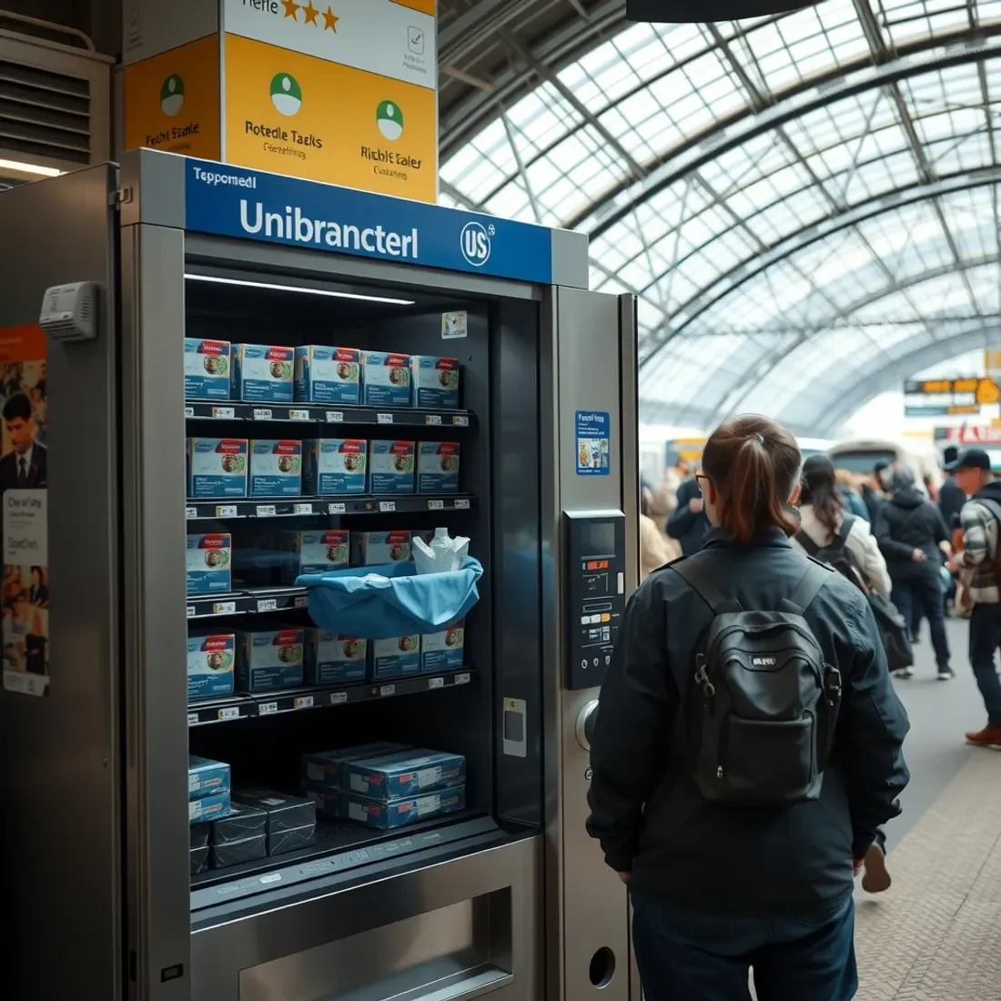 Technician restocking charging cables and travel adapters into an open travel connectivity vending machine at a busy railway station