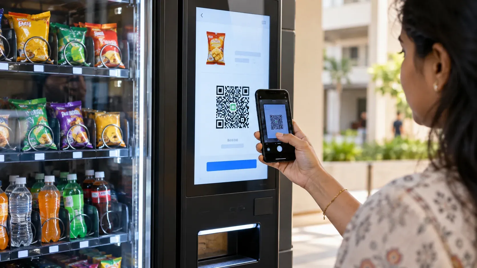 A customer scans a QR code on the touchscreen of a snack-and-drink vending machine.