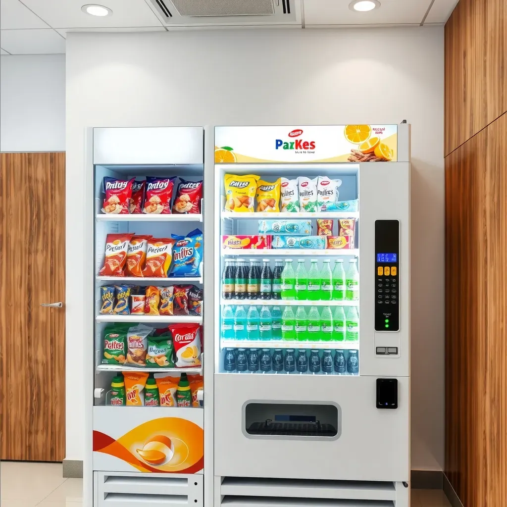Snack beverage combo machine with snack rows and a chilled drinks section in a bright Indian office pantry
