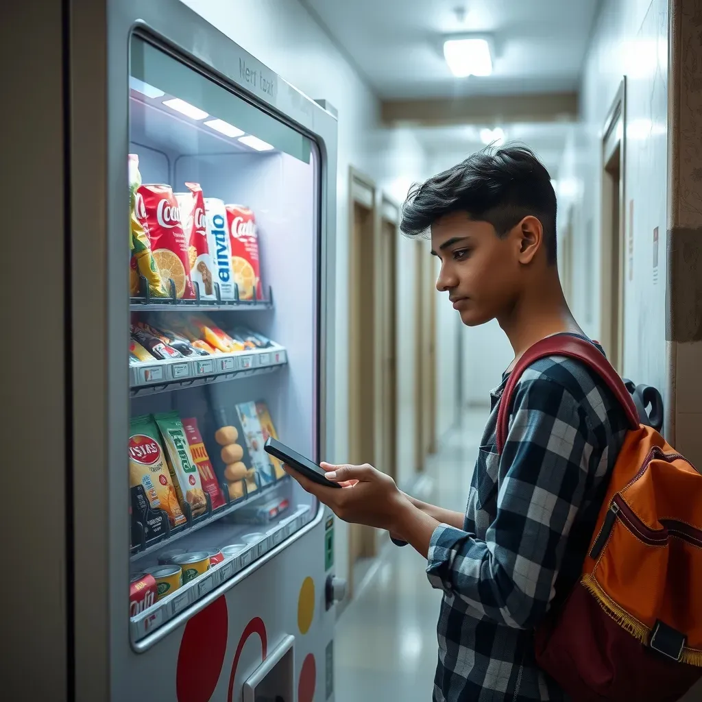 Student paying by UPI QR code at a snack and drink vending machine in a college hostel corridor in India
